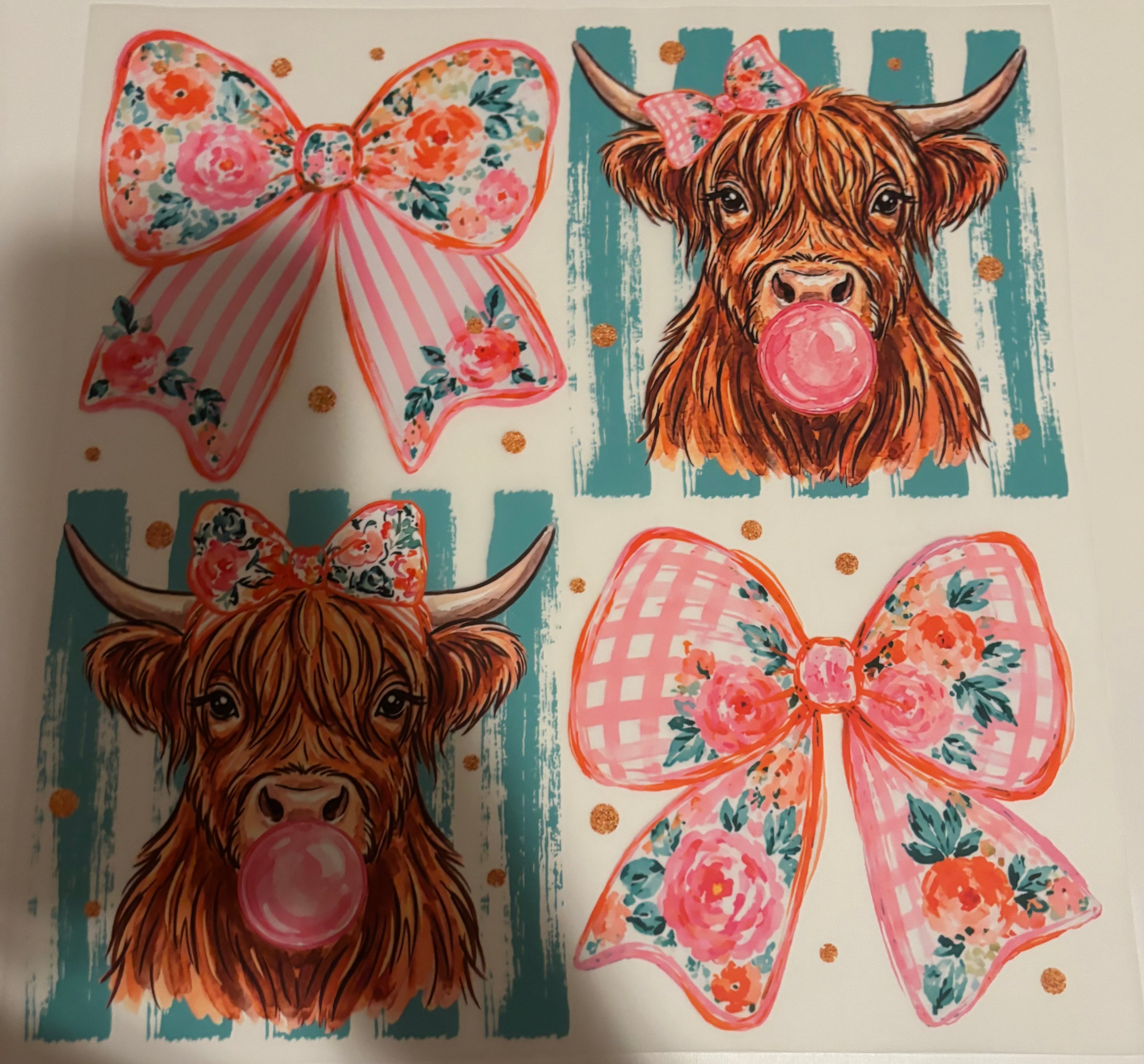 Teal highland cows & bows tee design