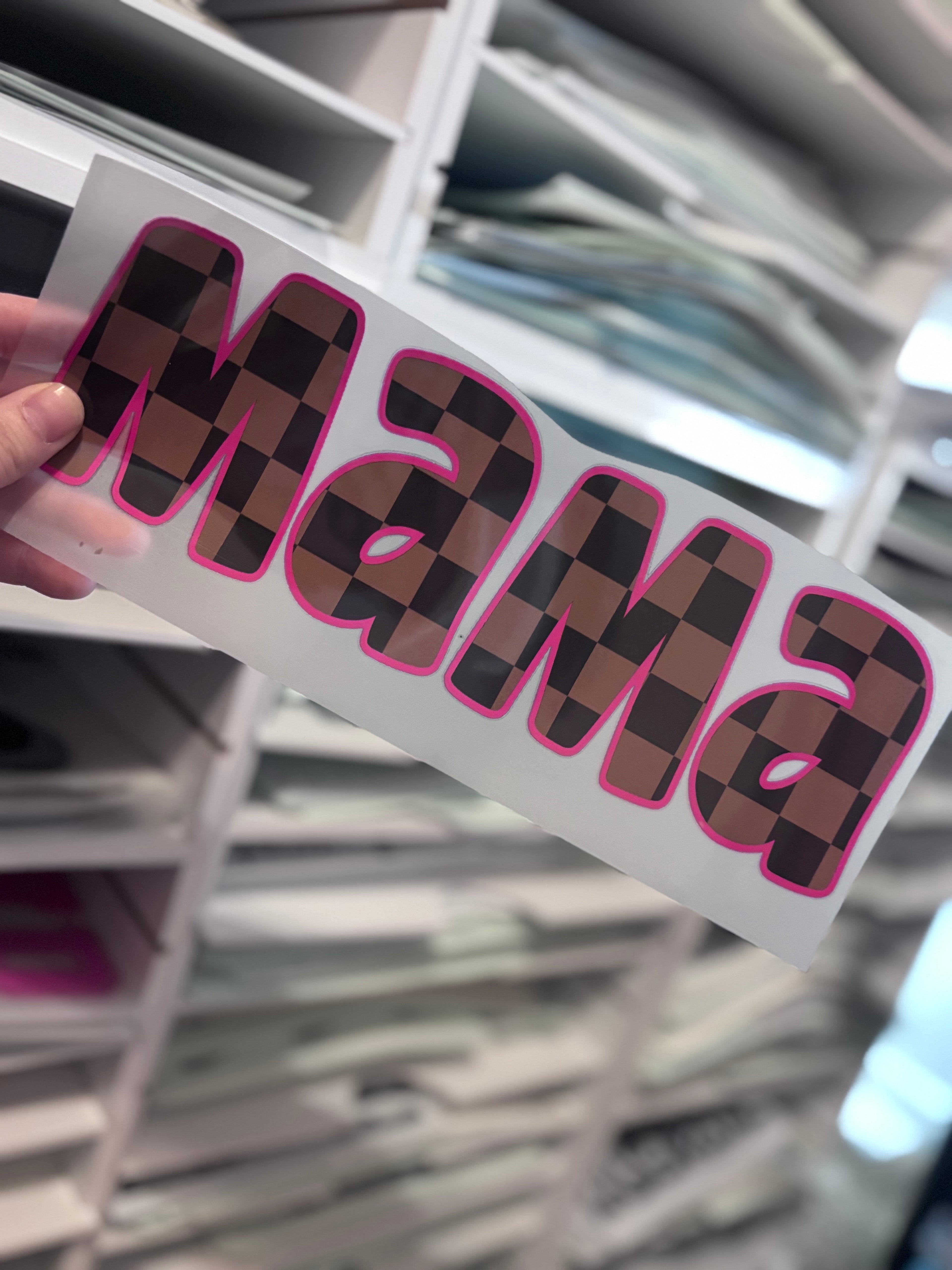 Brown checkered pink outline Mama