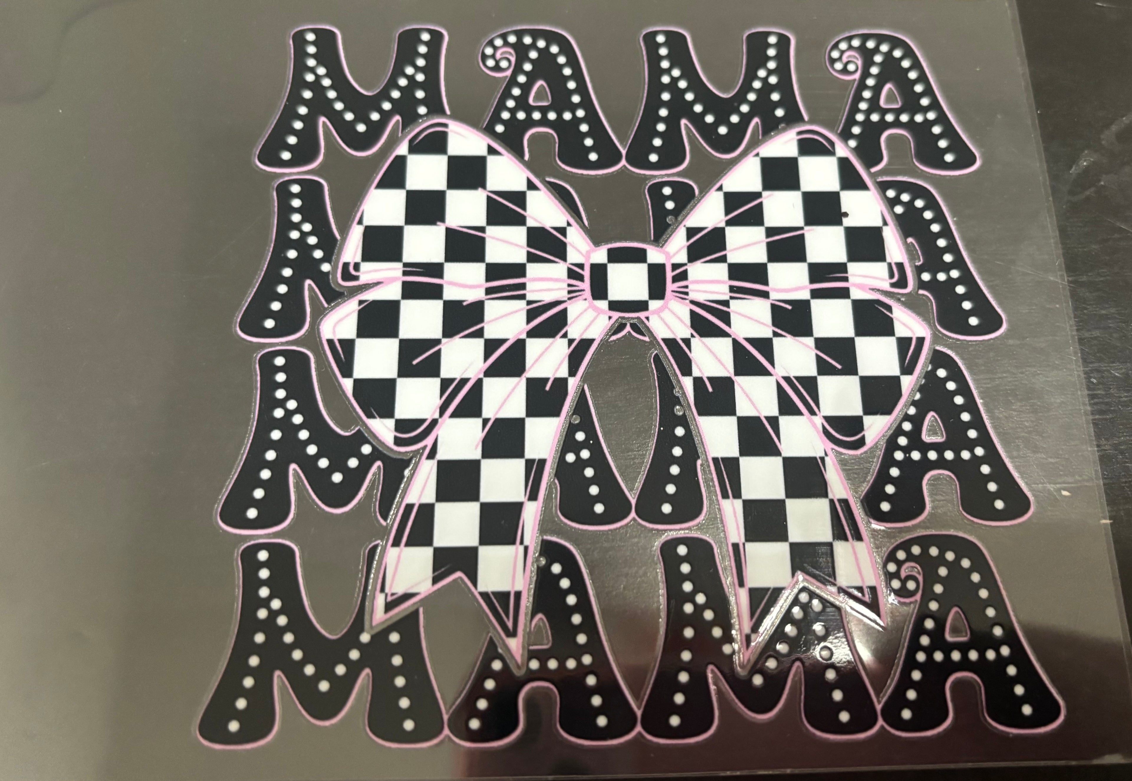 16 oz pink checkered bow mama