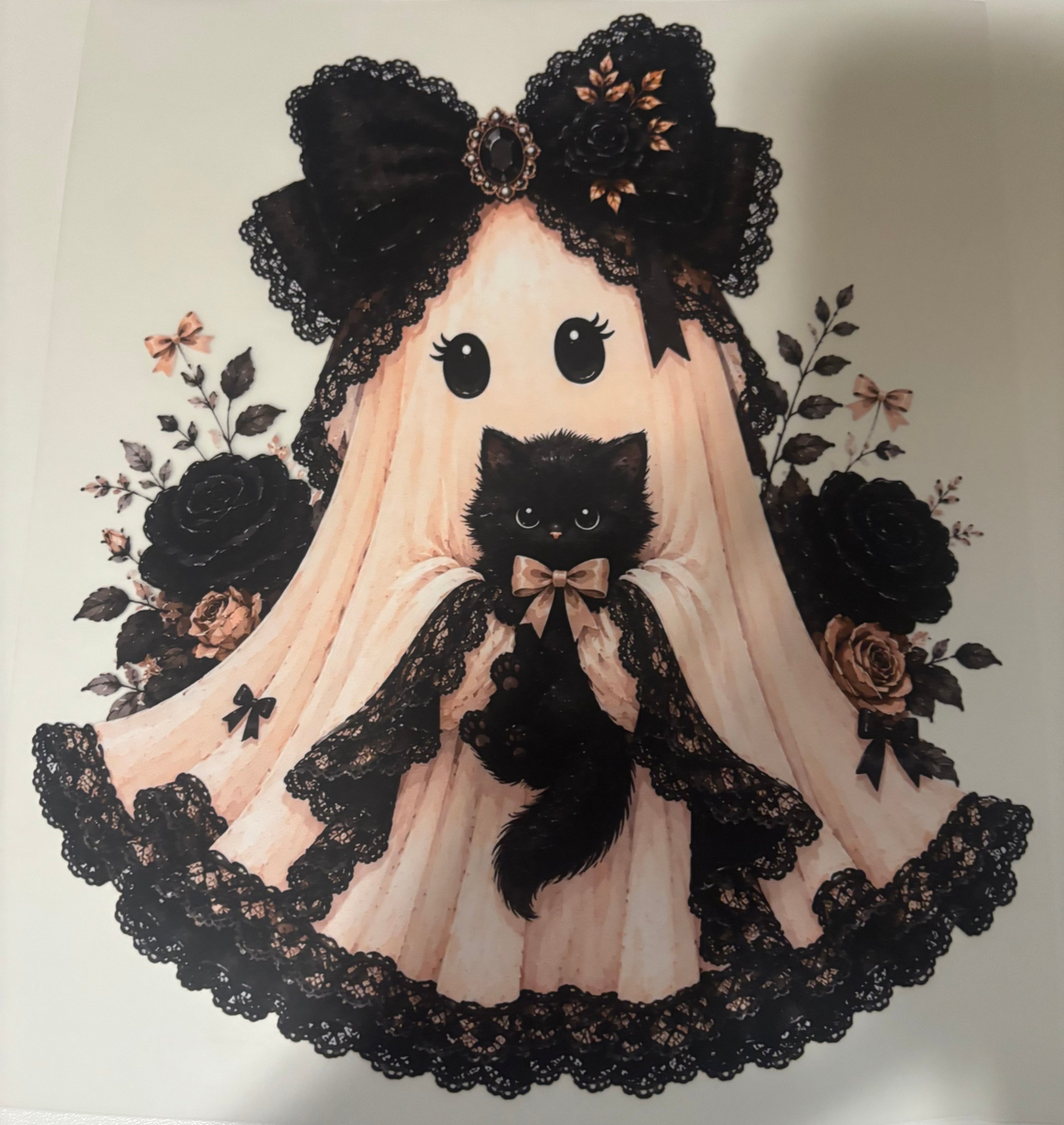 Lace ghost with black cat tee design