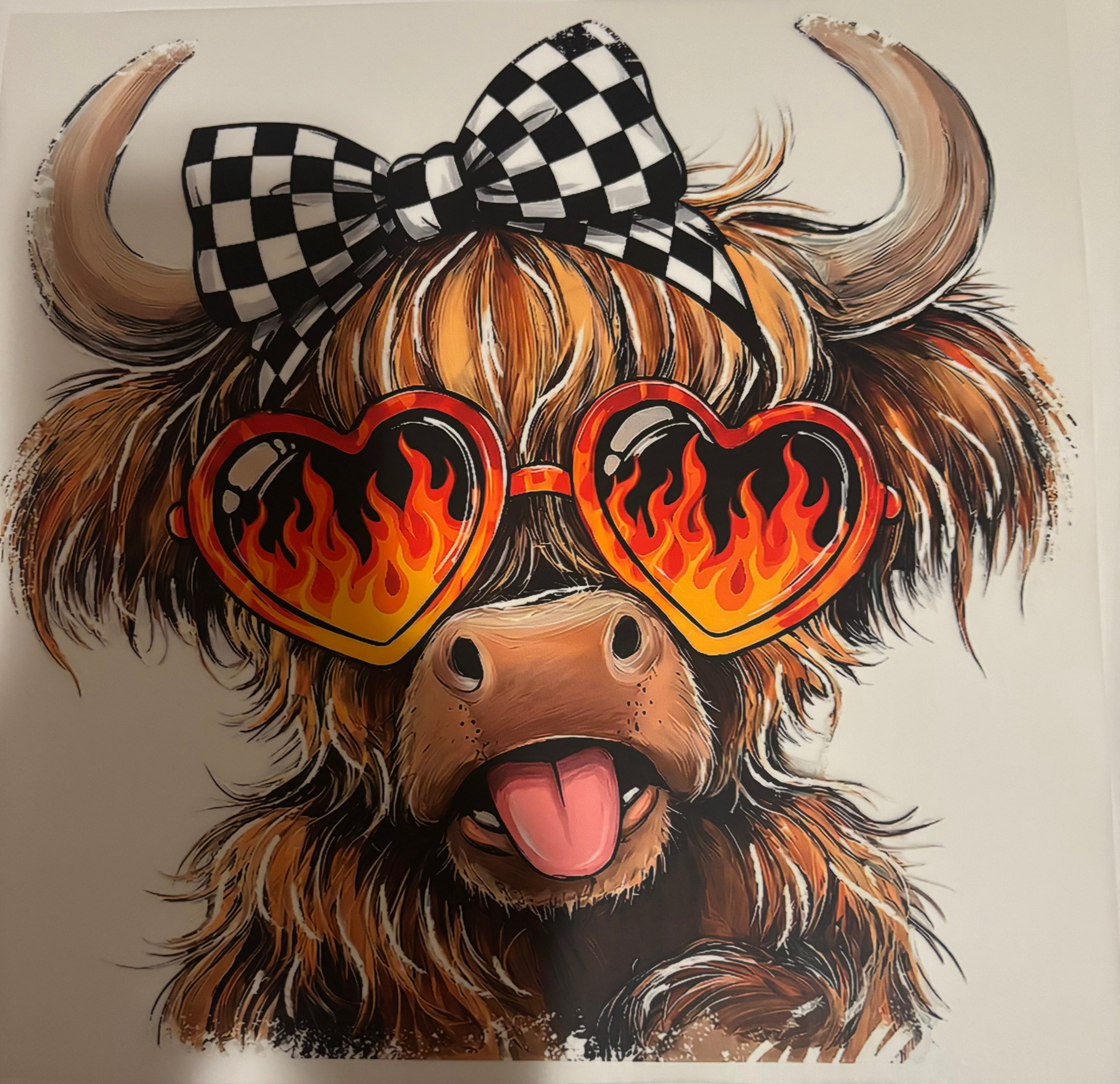 Checkered bow flame glasses cow tee design