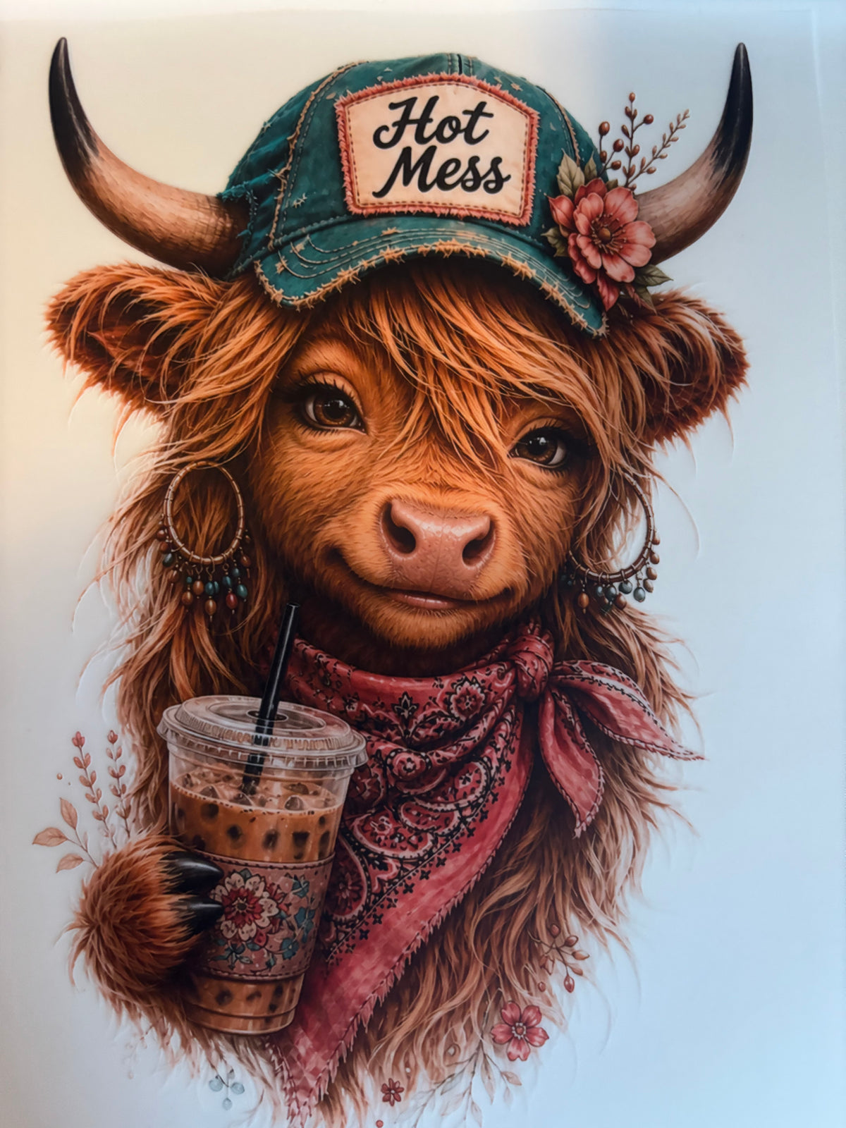 Hot Mess Highland Cow Blue Hat Tee Design