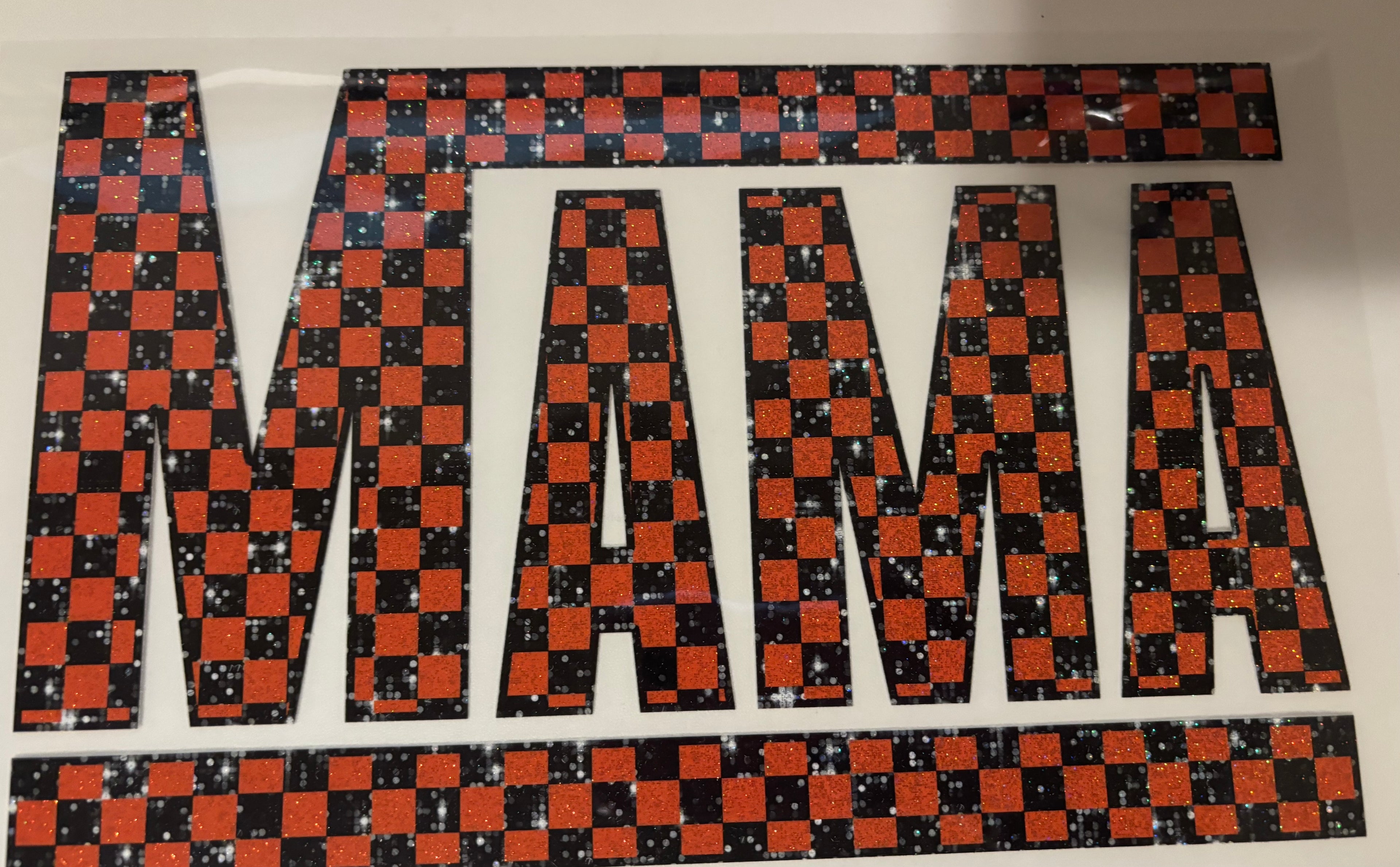 Glitter Orange and Black Checkered Mama Tee Design
